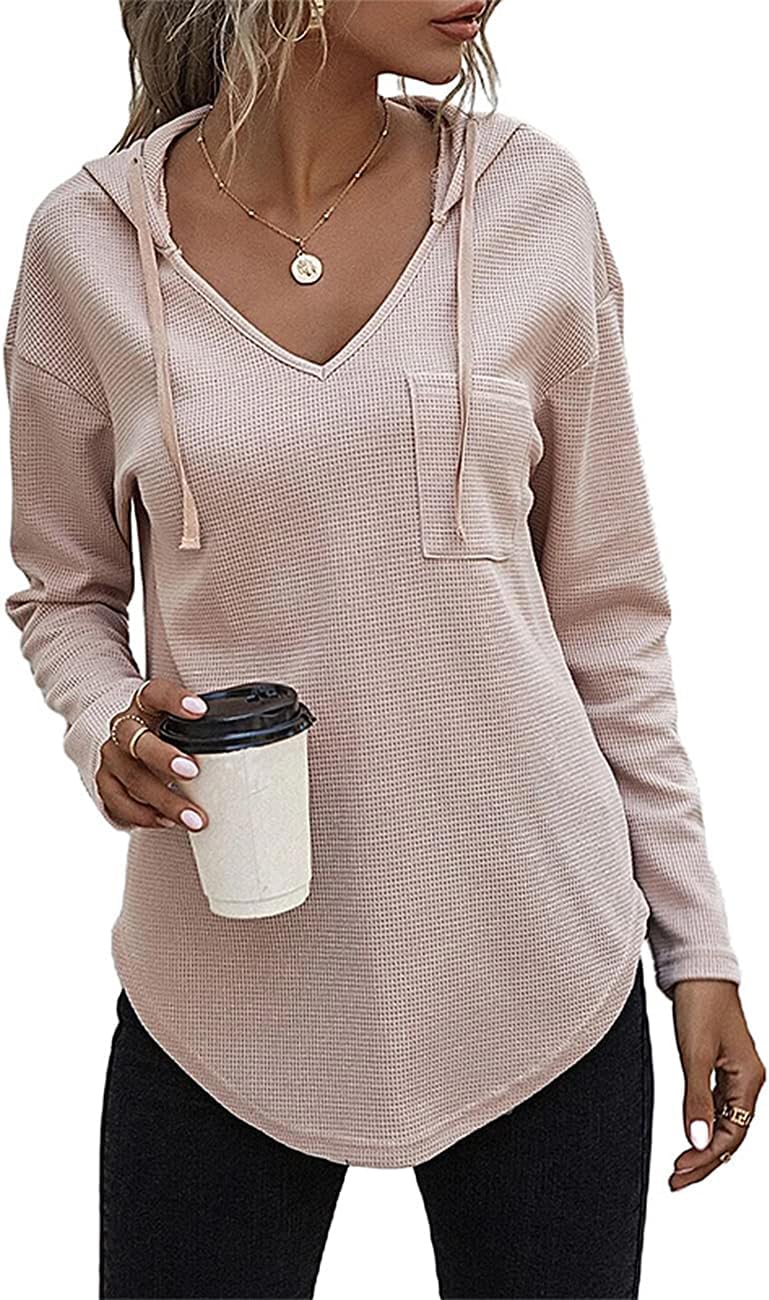 Women's V Neck Hoodies Long Sleeve Sweatshirt Drawstring Pullover Tops with Pocket - Image 2