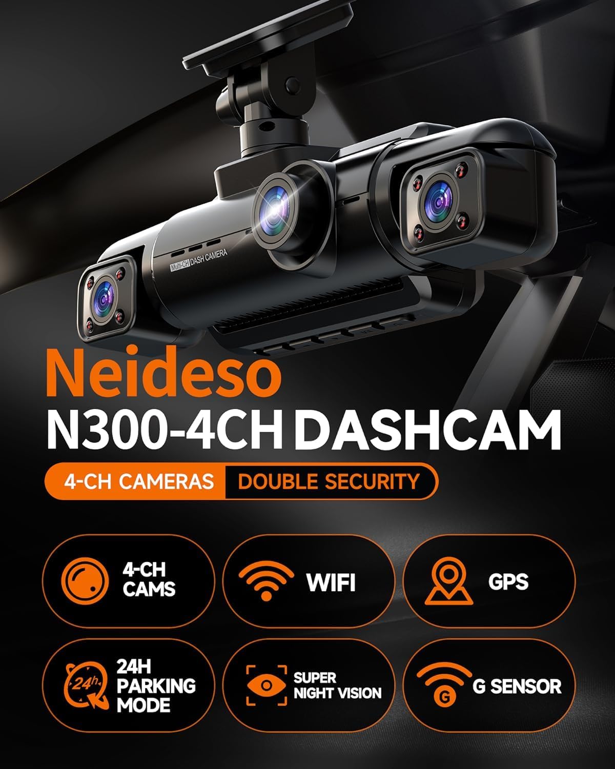 360° Dash Cam Front and Rear Inside, 4 Channel FHD 4 * 1080P, Wi-Fi GPS Voice Control Car Camera, Front 2K+1080P*2 Dash Camera for Cars, with 64GB SD Card, Night Vision, 24H Parking Mode(N300) - Image 3