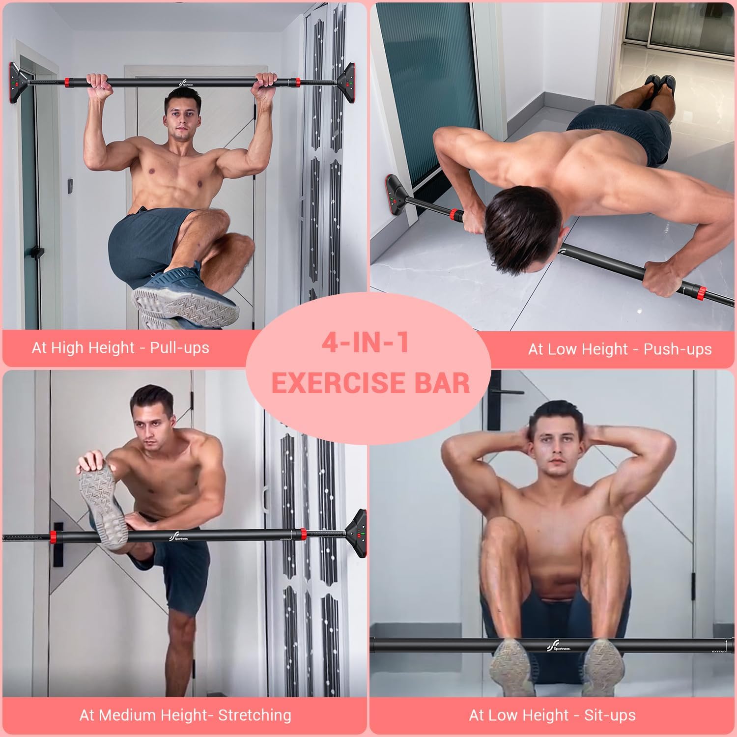 Pull Up Bar for Doorway: Sportneer Strength Training Pull-up Bars without Screw - Adjustable Width Locking Mechanism Chin Up Bar, Thickened Steel Max Limit 440 lbs Upper Body Fitness Pullup Bars for Home (Black-Red) - Image 9