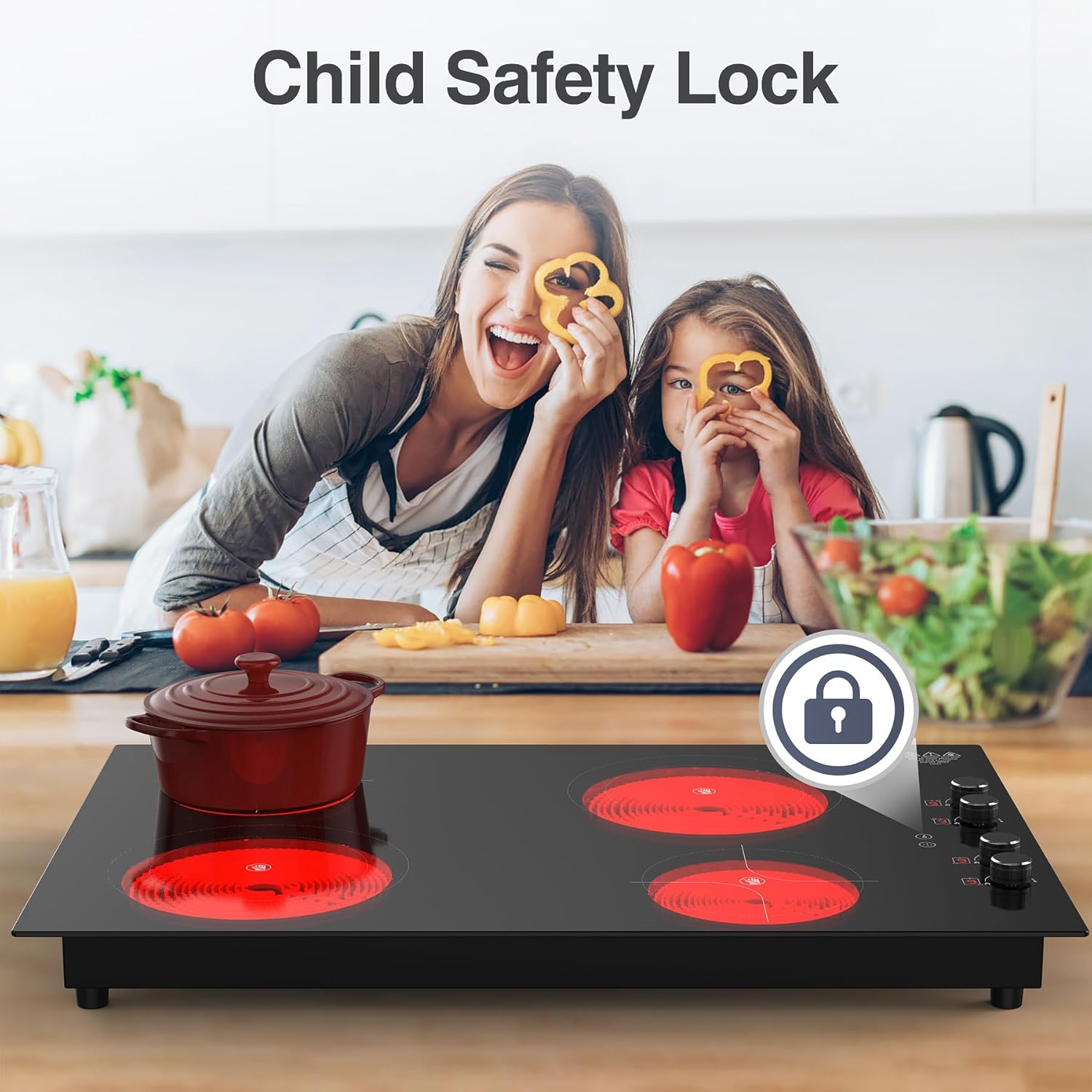 4 Burner Electric Cooktop,7200W Built-in & Countertop 4 Burner Electric Stove Top with 9 Power Levels, Child Safety Lock & 99mins Timer, 30 inch Electric Cooktop 220-240V (No Plug) - Image 8