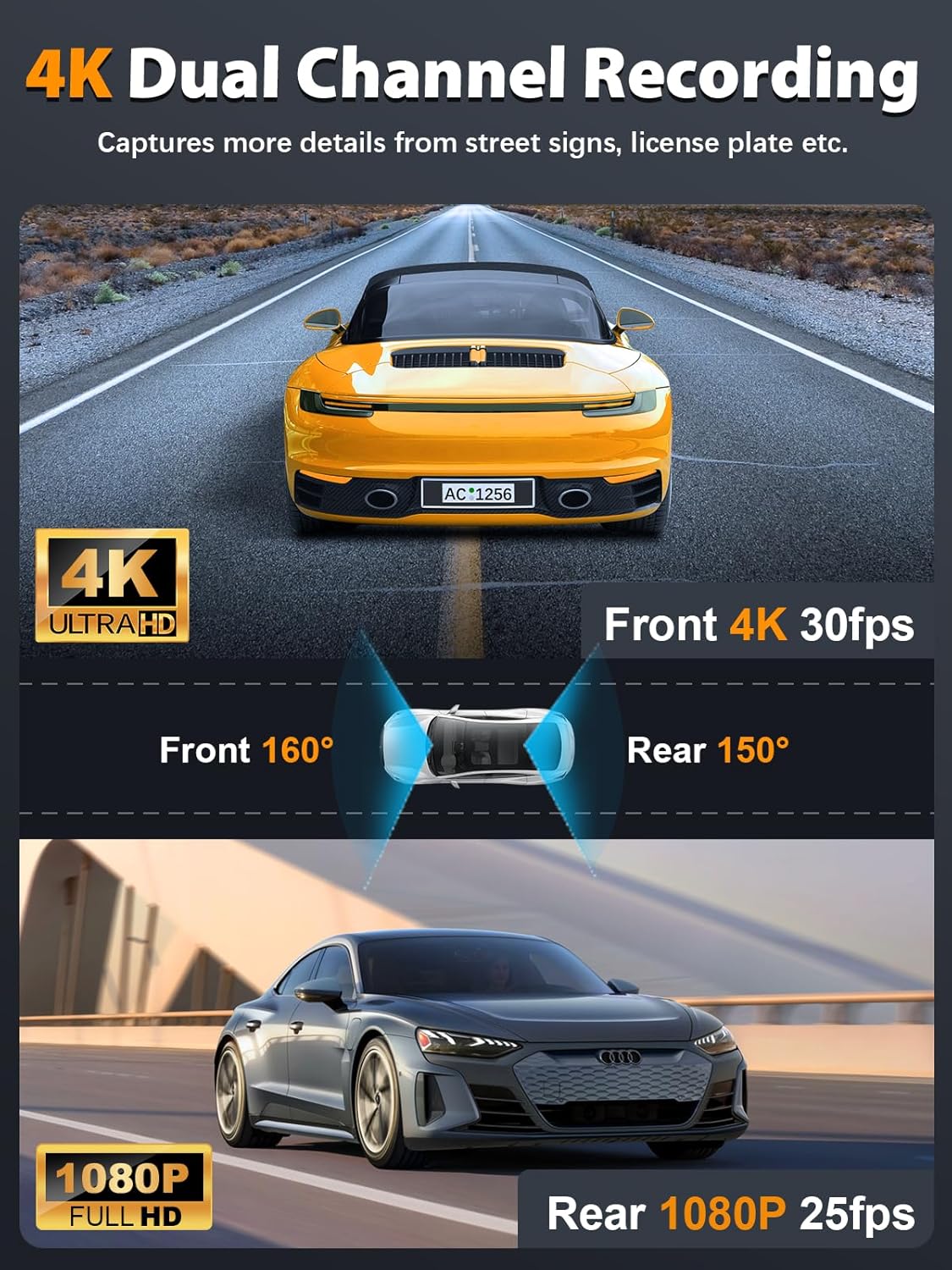 Dash Cam Front and Rear 4K+1080P, Free 64GB Card, Built-in WiFi, Dash Camera for Cars, Car Camera, Dual Dashcams for Cars with Night Vision, 24 Hours Parking Monitor, Loop Recording - Image 3