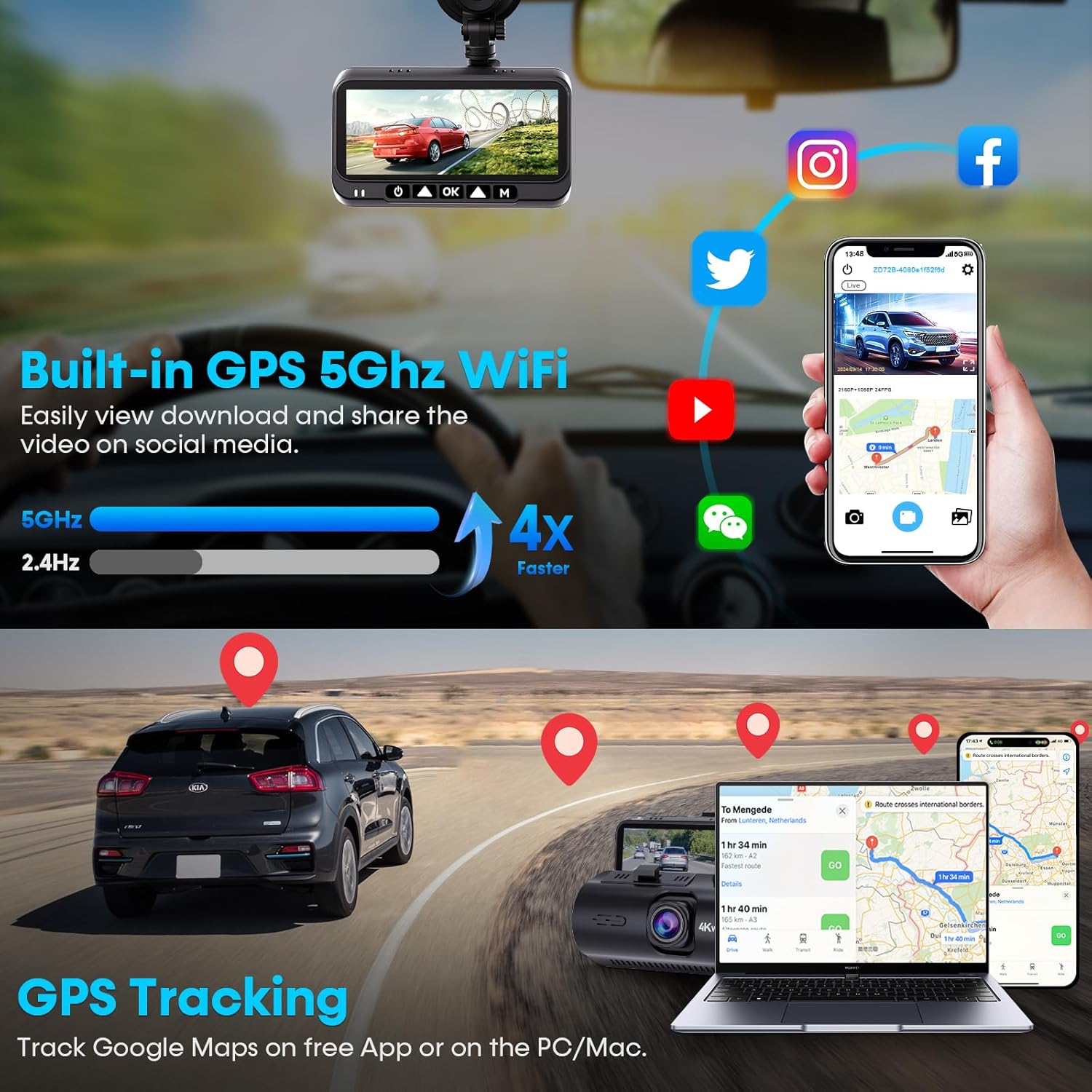 4K Dash Cam Front and Rear - with GPS and WiFi - Night Vision, 24H Parking Mode, Compact Design, Easy USB Setup, 170° Wide-Angle, Free 32GB SD Card, for Cars, SUVs, Trucks - Image 5