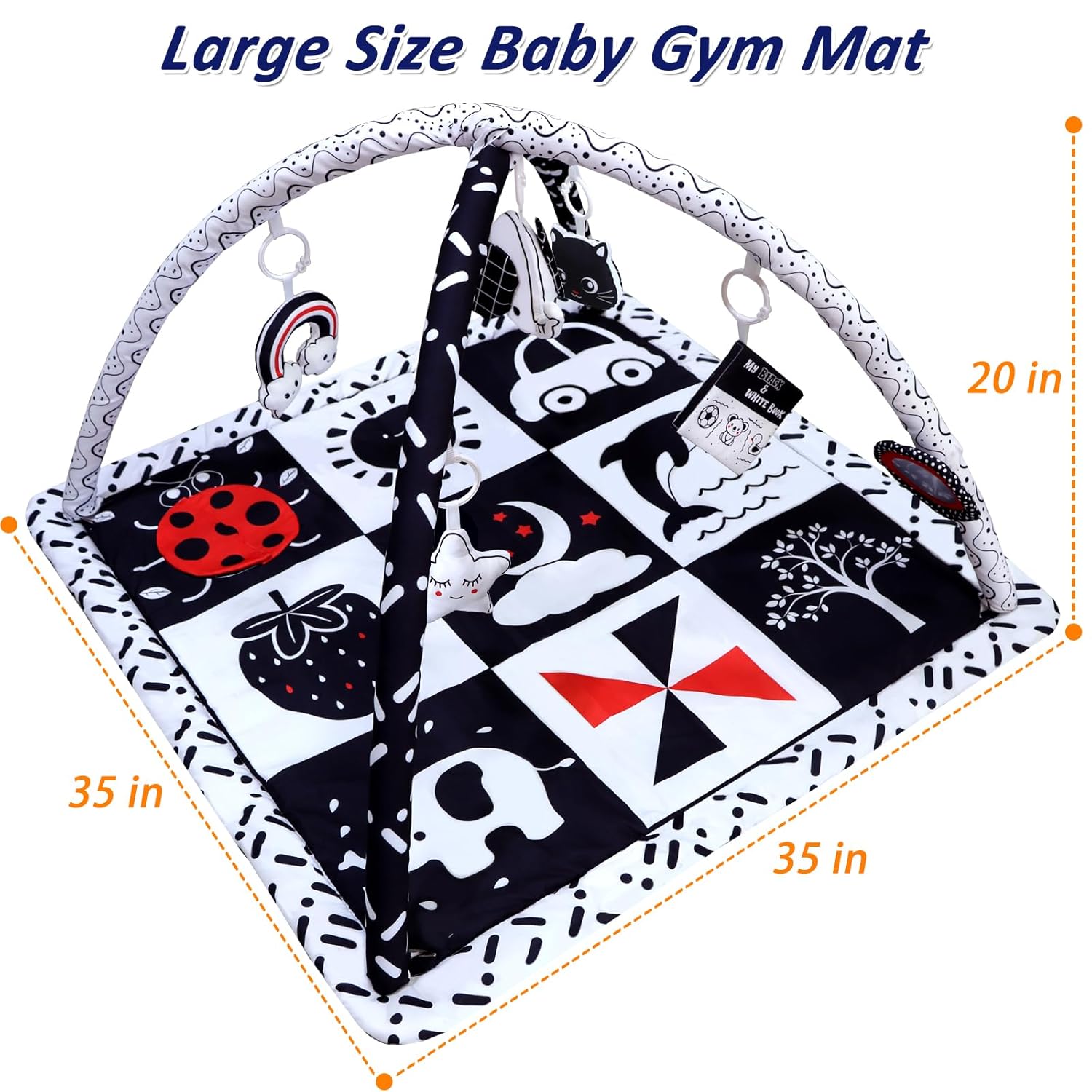 Black and White Baby Gym Play Mat with 6 Toys Tummy Time Activity Mat for Babies 0-6 6-12 Months High Contrast Baby Gyms & Playmats Sensory Toys Newborn Brain Development Infant Play Mat Baby Gifts - Image 7