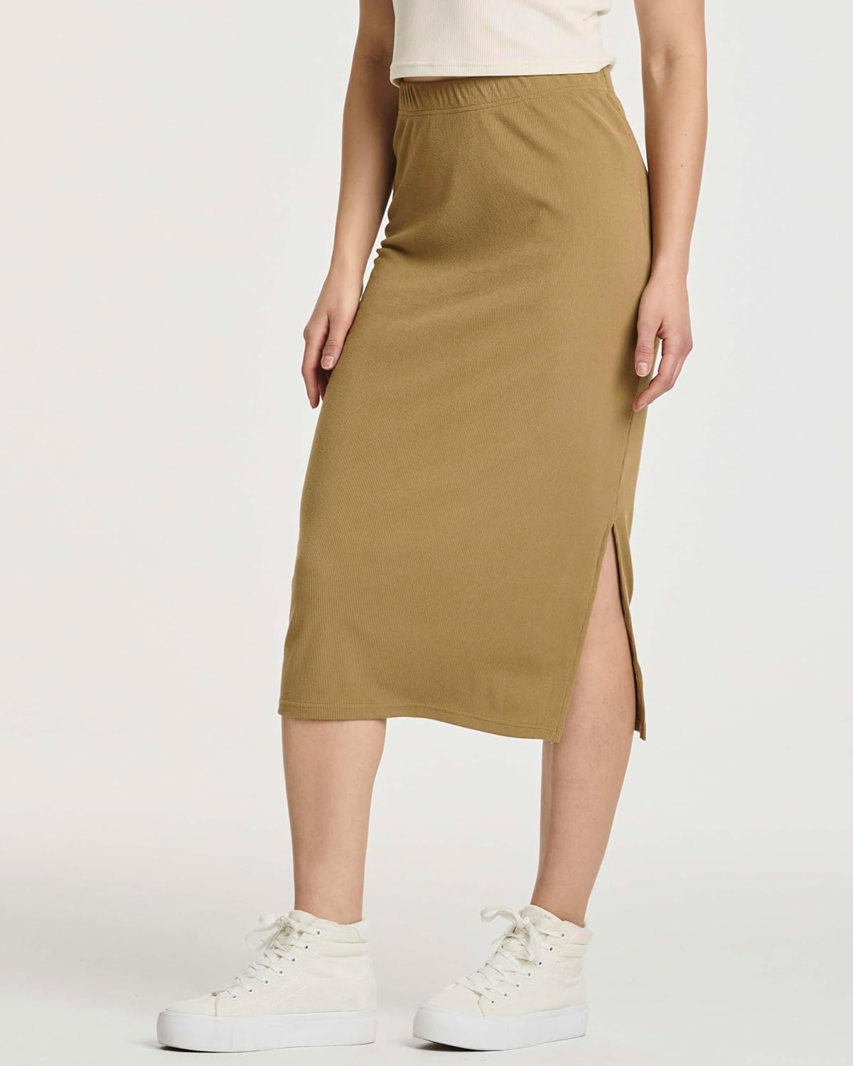 Real Essentials 3 Pack: Women's Midi Ribbed Knit Skirt with Side Slit - Stretchy Work Business Casual Pencil Pull-On Skirts - Image 5