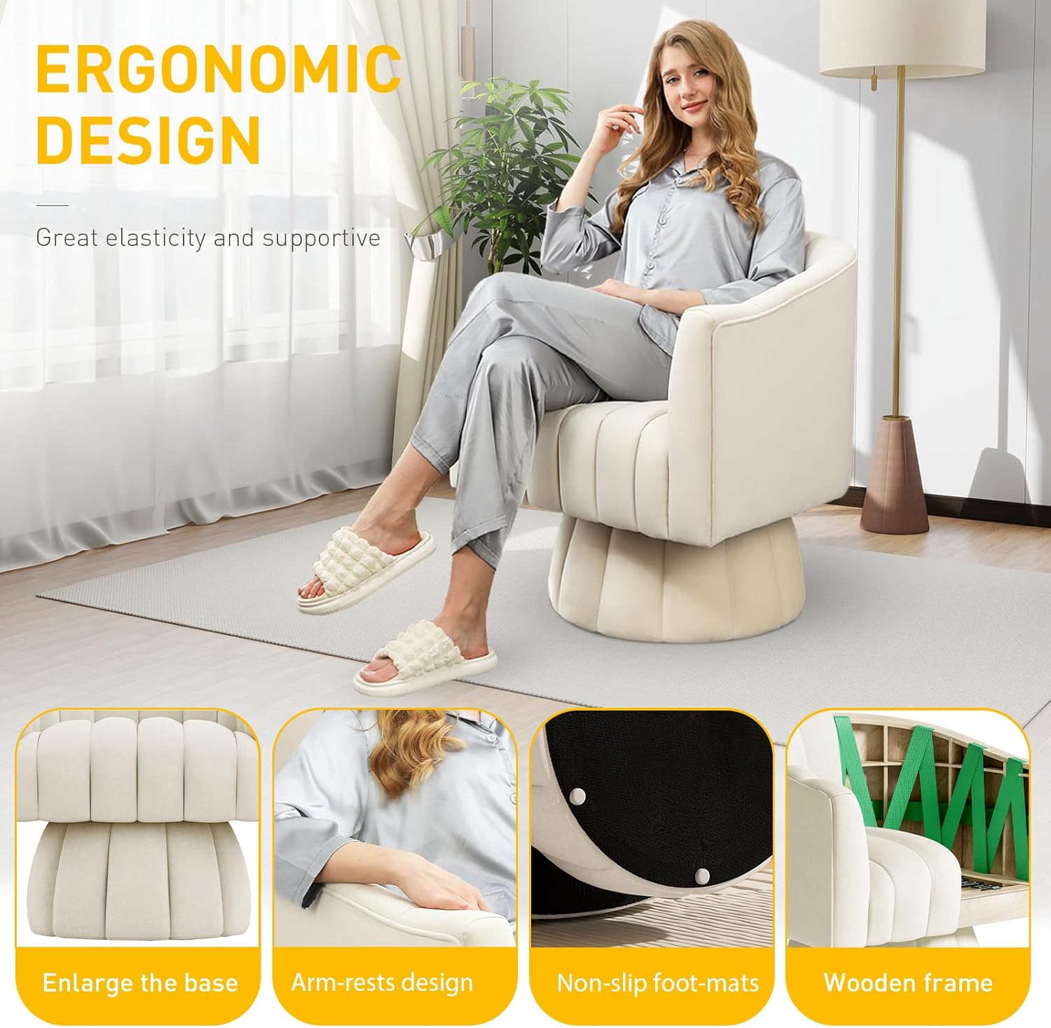 Accent Chair Mid Century 360 Degree Swivel Chair,Modern Lounge Sofa Round Barrel Chair with Wide Upholstered,Fluffy Velvet Fabric Chairs for Home Sofa Living Room/Bedroom/Waiting Room (Beige) - Image 7