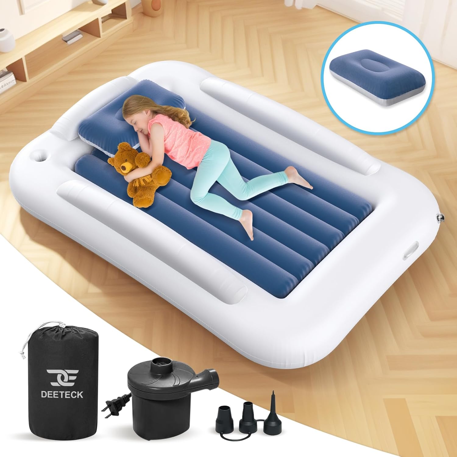 Inflatable Toddler Travel Bed - 60 Inches Portable Toddler Bed for Travel with Safety Sides - Cozy Kids Air Mattress Set with High-Speed Pump & Carry Case - Lightweight & Easy to Inflate -Blue - Image 2