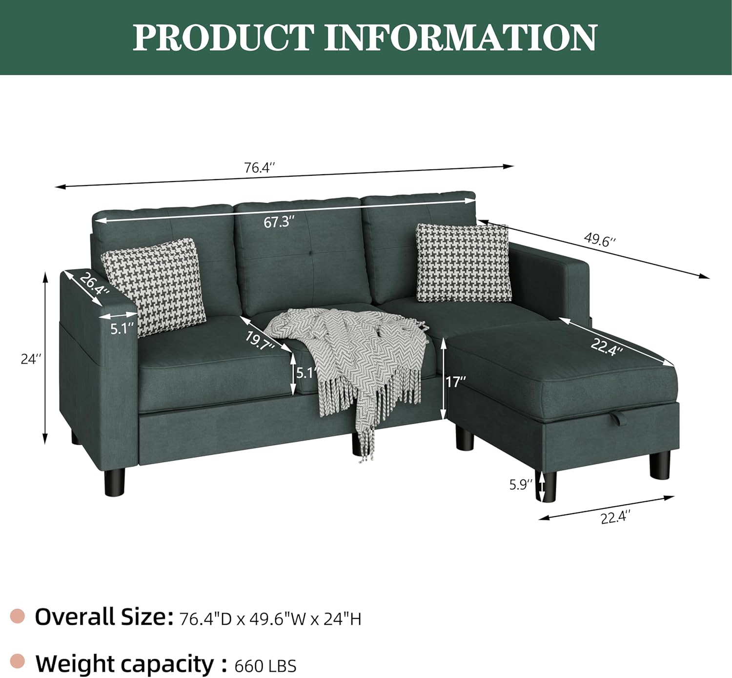 JAMFLY Sectional Sofas Couches for Living Room, L Shaped Couch with Storage Sofa Set, Small Couches for Small Spaces with Movable Ottoman, Dark Grey - Image 3