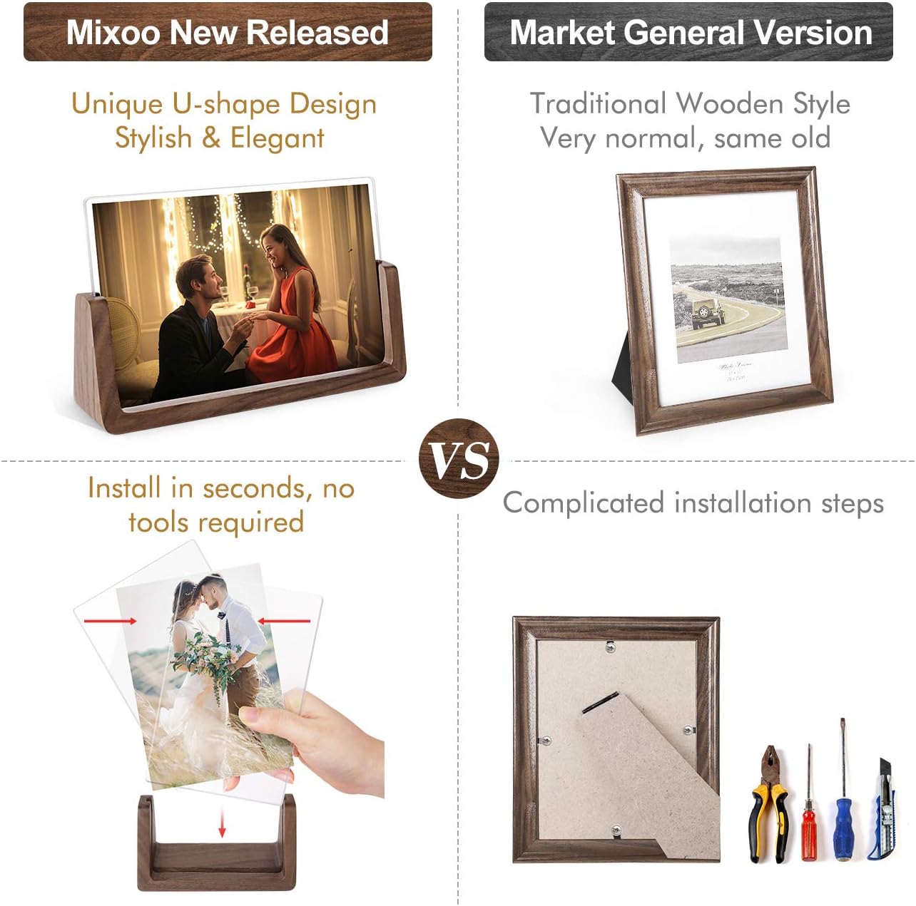 Mixoo 4x6 Wood Photo Picture Frame 2 Pack - Rustic Wooden Picture Frame with Walnut Wood Base and High Definition Break Free Acrylic Covers for Tabletop or Desktop Display (Horizontal + Vertical) - Image 4