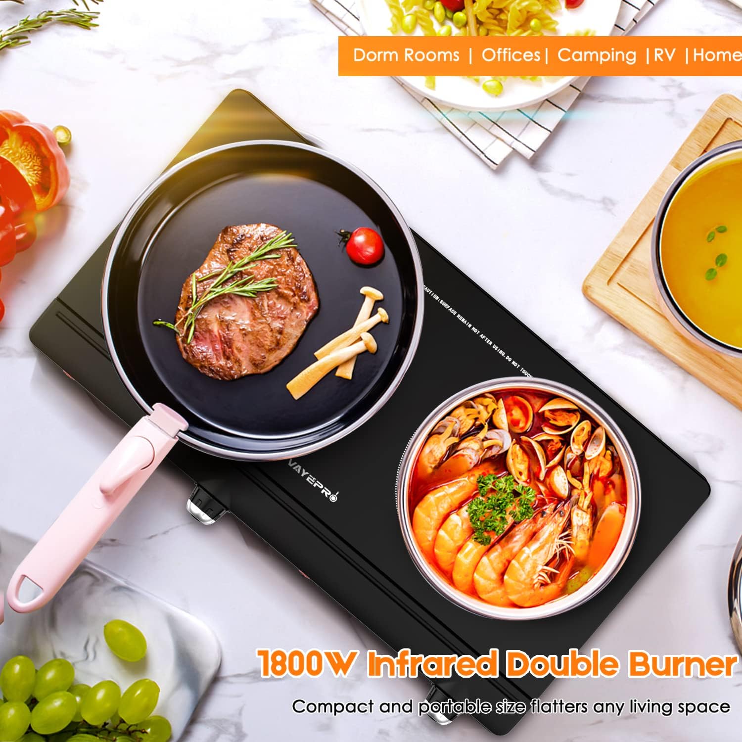 Electric Hot Plate for Cooking, Infrared Double Burner,Electric Cooktop 2 Burner,1800W Portable Electric Stove,Heat-up In Seconds,Countertop Cooktop for Dorm,Compatible with All Cookware - Image 8