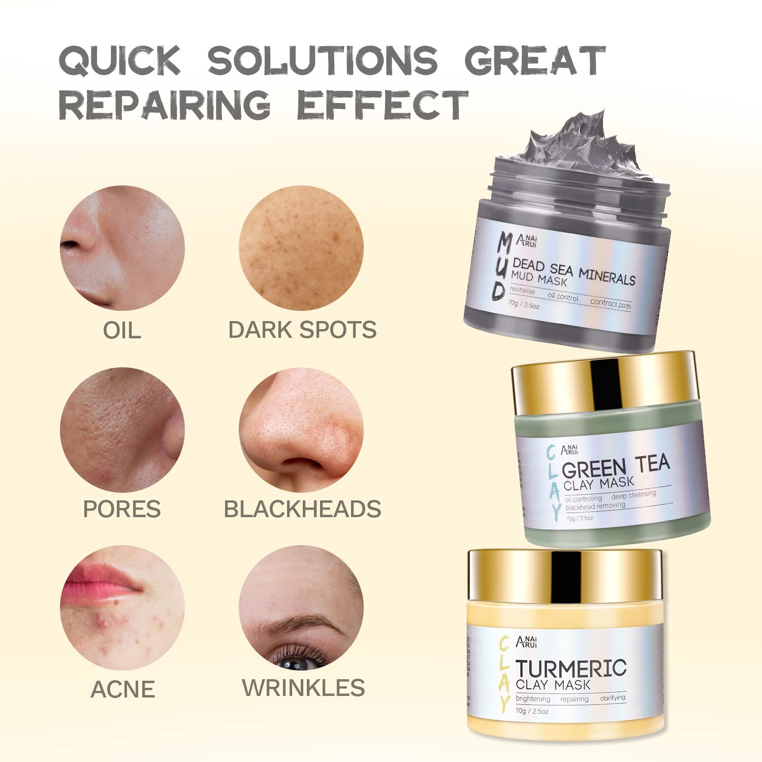 ANAI RUI Turmeric Clay Mask - Green Tea Clay Mask - Dead Sea Minerals Mud Mask, Spa Facial Mask Set, Face Mask Gift Set 2.5 oz each - Image 8