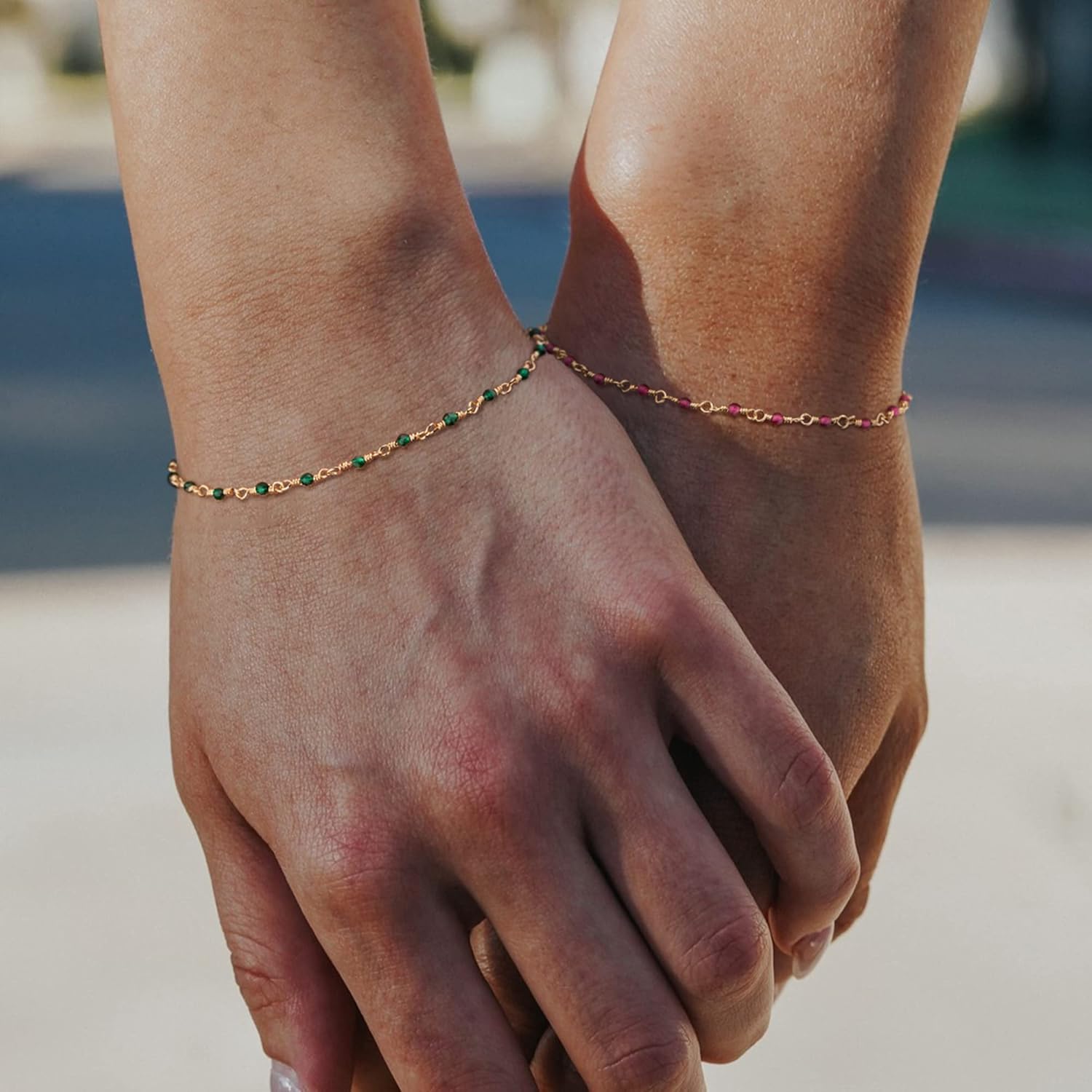 MEVECCO Dainty Gold Beads Bracelets,18K Gold Plated Handmade Cute Emerald Zircon Bead Chain Minimalist Bracelet for Women Jewelry Gifts - Image 5