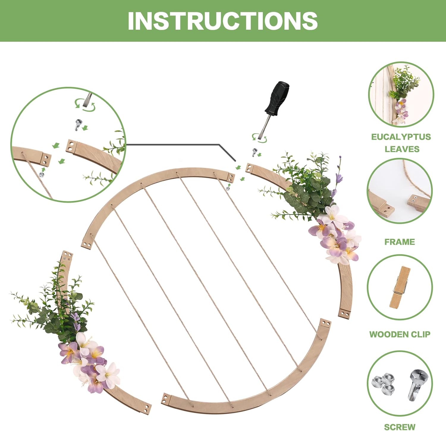 Super Holiday Large Round Wooden Picture Frames - 60CM/23.62" Artificial Flower/Eucalyptus Hanging Display Board Photo Frames Collage Wall Decor, for Spring Summer Mother's Day Grandma Christmas - Image 5