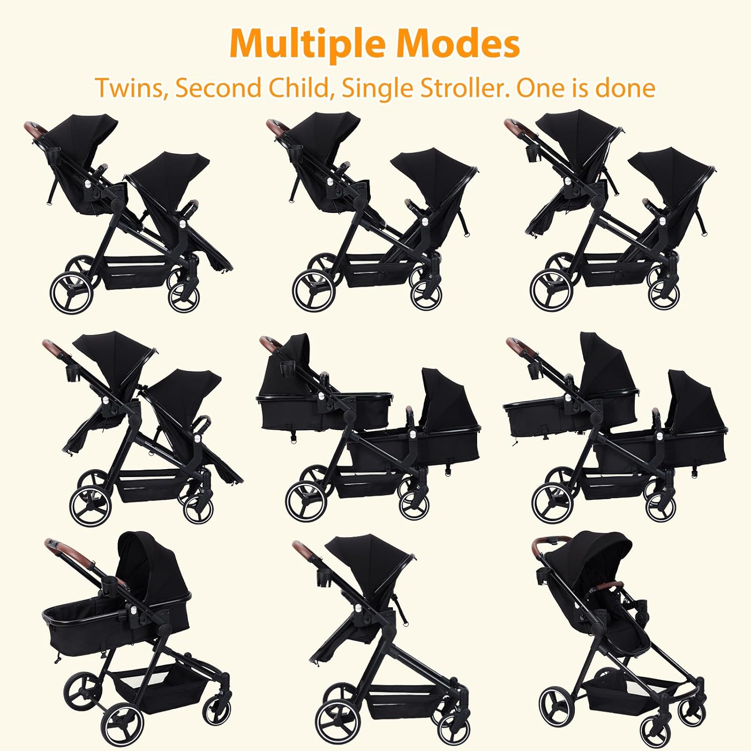Double Stroller for Infants and Toddlers, Foldable Tandem Stroller, Reversible Pushchair Bassinet Pram with Large Storage Basket, Adjustable Backrest & Canopy, Black - Image 6