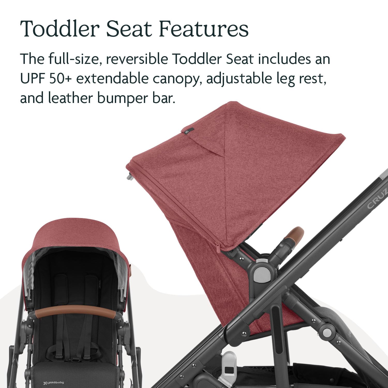 UPPAbaby Cruz V2 Stroller/Full-Featured Stroller with Travel System Capabilities/Toddler Seat, Bumper Bar, Bug Shield, Rain Shield Included/Lucy (Rosewood Mélange/Carbon Frame/Saddle Leather) - Image 5