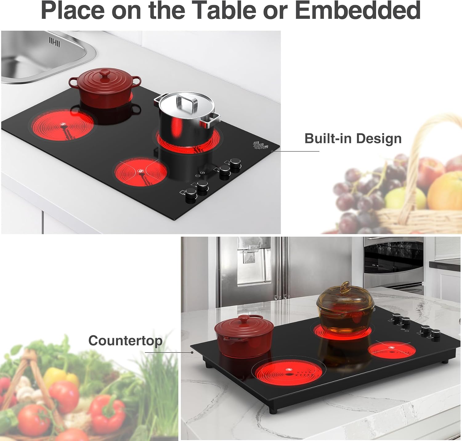 4 Burner Electric Cooktop,7200W Built-in & Countertop 4 Burner Electric Stove Top with 9 Power Levels, Child Safety Lock & 99mins Timer, 30 inch Electric Cooktop 220-240V (No Plug) - Image 4