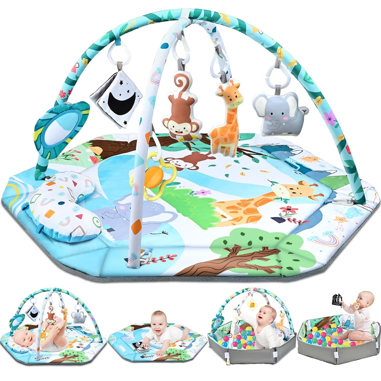 Baby Gym Play Mat, 8-in-1 Tummy Time Mat & Ball Pit with 6 Toys, Washable Baby Activity Play Mat for Visual, Hearing, Sensory, Motor Development, Baby Toys Gift for Toddler Infant 0-3-6-9-12 Months - Image 2