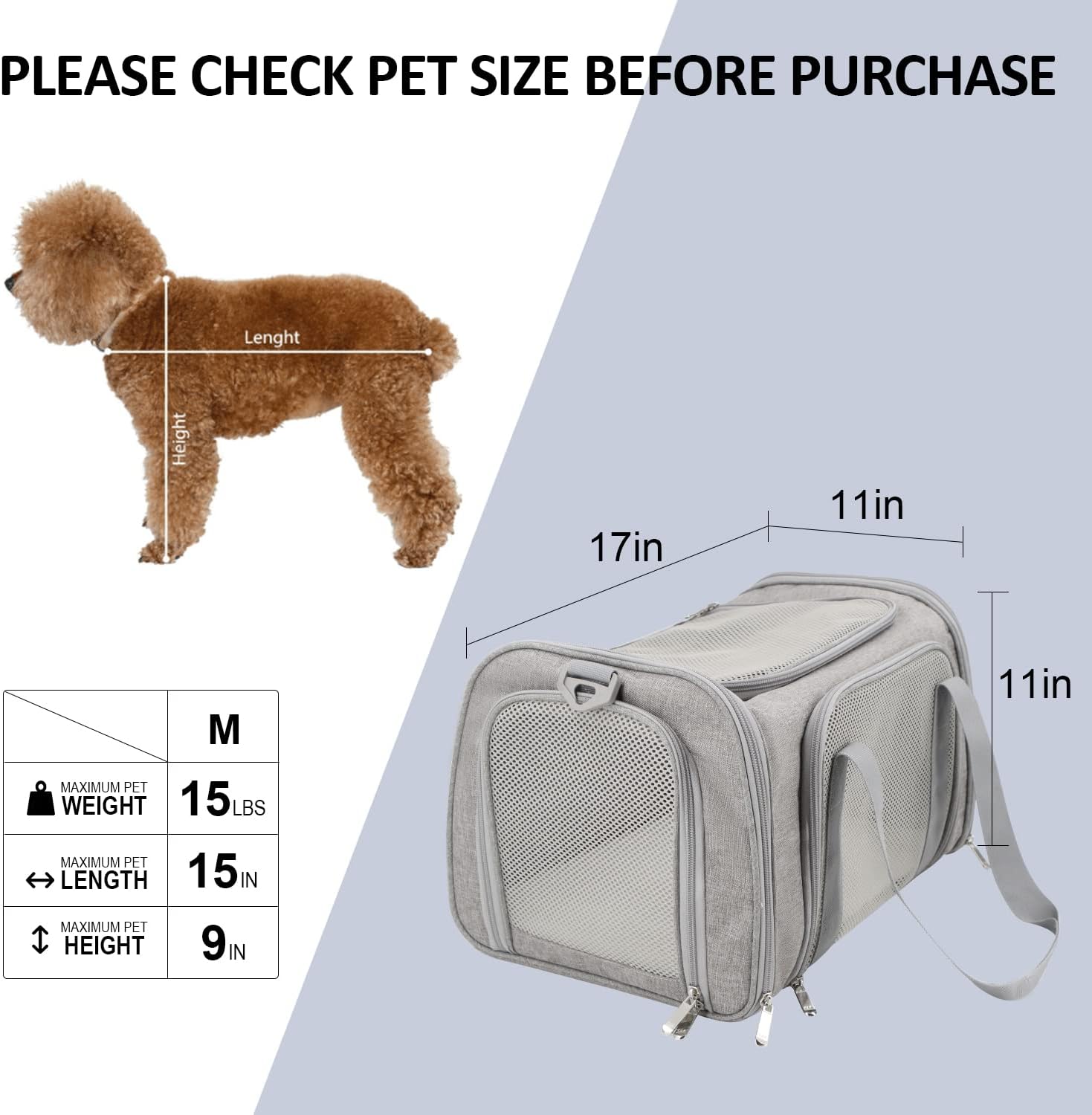 Cat, Dog Carrier for Small Medium Cats Puppies up to 15 Lbs, TSA Airline Approved Carrier Soft Sided, Collapsible Travel Puppy Carrier - Grey - Image 5