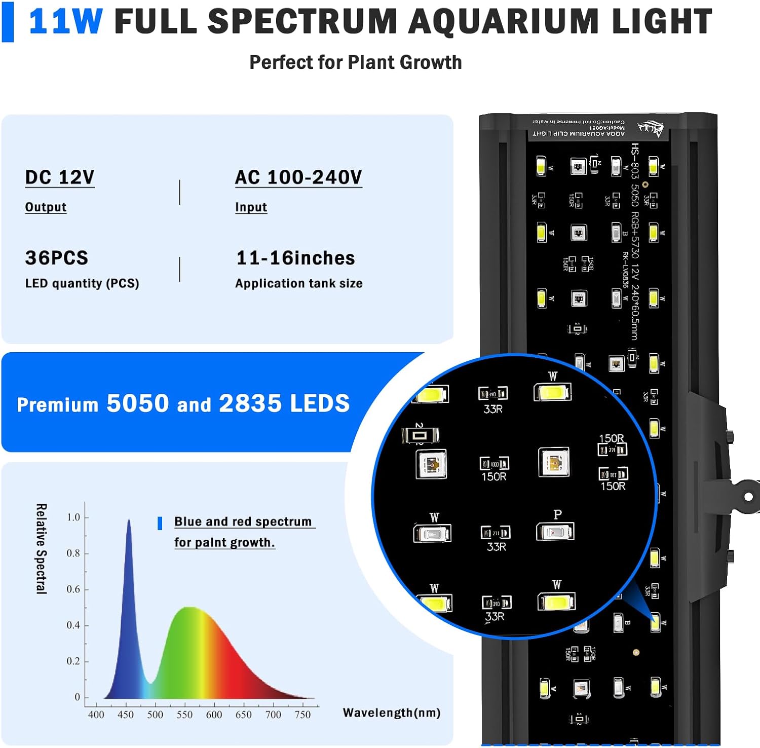 AQQA LED Aquarium Light, 24/7 Mode Clip on Fish Tank Light with Memory Function, DIY Mode Full Spectrum Aquarium Plant Light, Adjustable Timer/Brightness, IP68 Waterproof for 11-16 in Fish Tank 11W - Image 5