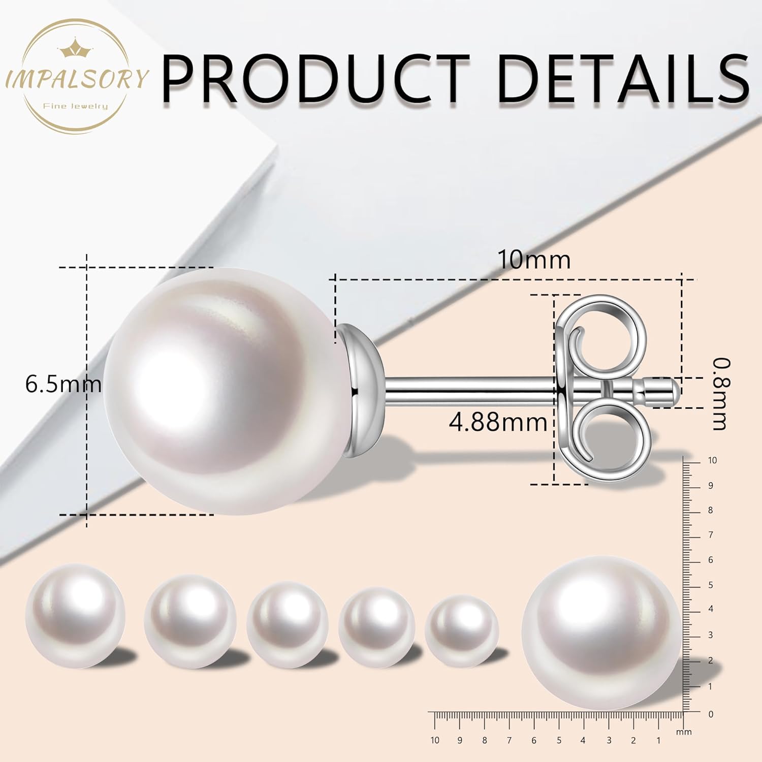 18K Gold Plated Round White Freshwater Cultured Pearl Earrings Studs for Women - Image 5