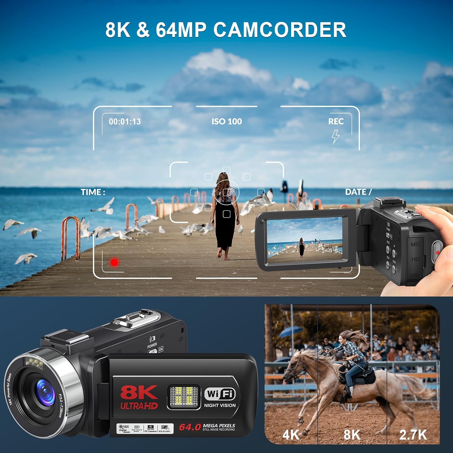 8K Video Camera Camcorder, 64MP IR Night Vision Vlogging Camera, 18X Zoom WiFi Digital Touch Screen Camcorder for YouTube with 32G SD Card, Remote Control, Mic, Charging Cradle, and Two Batteries - Image 3