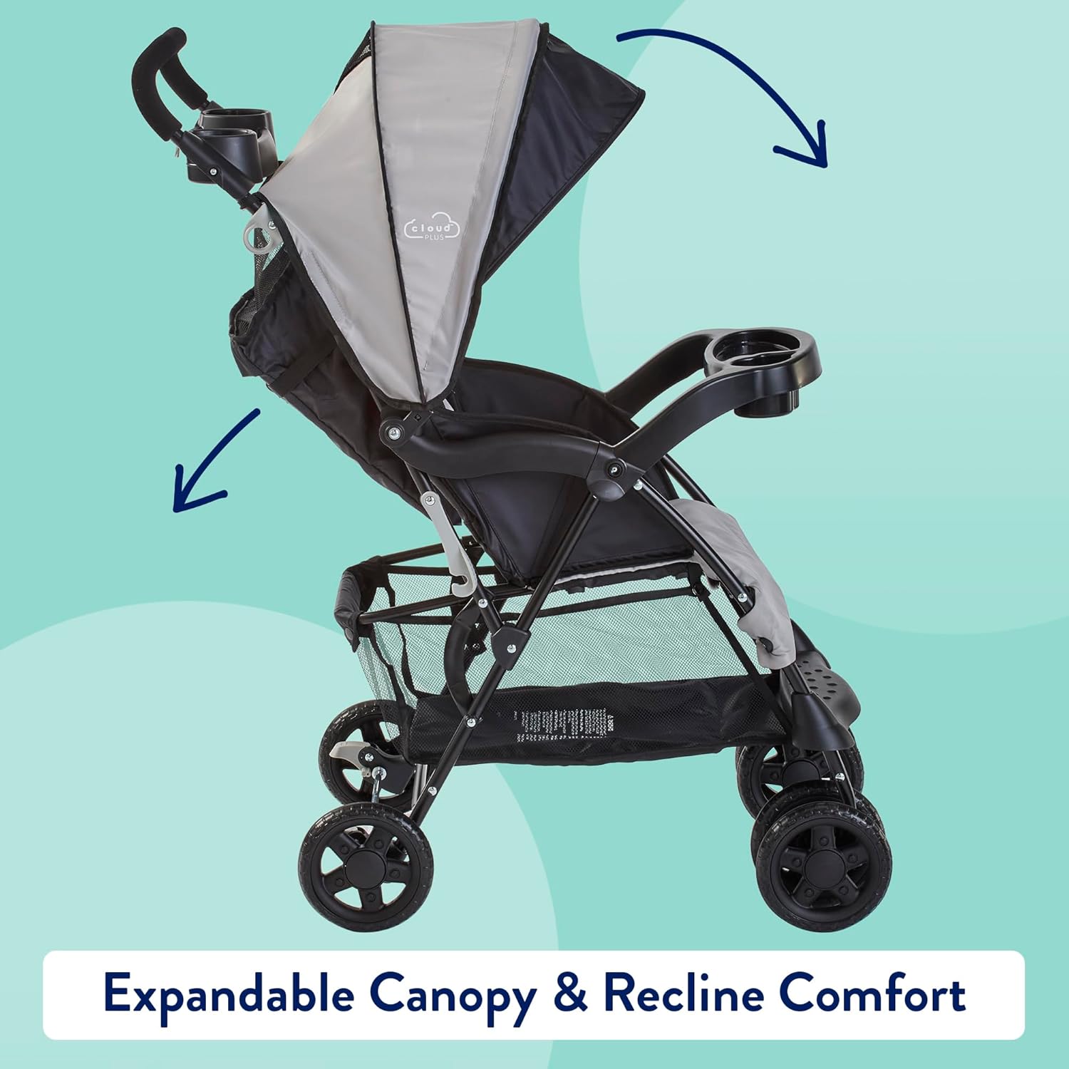 Kolcraft Cloud Plus Lightweight Toddler Umbrella Baby Stroller with Large Storage Basket and Canopy, Reclining Seat, Child and Parent Trays, Compact Easy Fold for Summer Travel - Slate Gray - Image 5