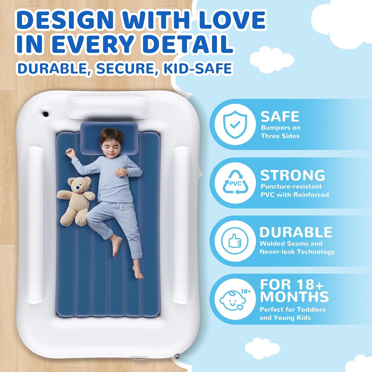 Inflatable Toddler Travel Bed - 60 Inches Portable Toddler Bed for Travel with Safety Sides - Cozy Kids Air Mattress Set with High-Speed Pump & Carry Case - Lightweight & Easy to Inflate -Blue - Image 3