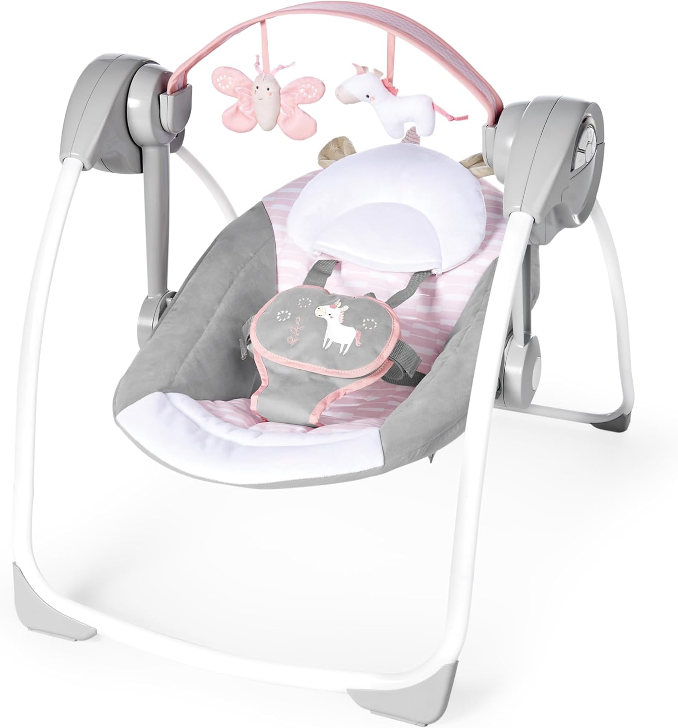 Ingenuity Comfort 2 Go Compact Portable 6-Speed Cushioned Baby Swing with Music, Folds Easy, 0-9 Months 6-20 lbs (Pink Flora the Unicorn) - Image 2