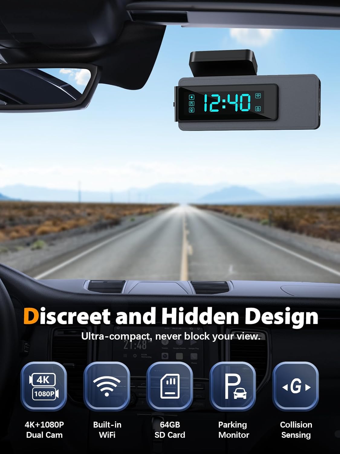 Dash Cam Front and Rear 4K+1080P, Free 64GB Card, Built-in WiFi, Dash Camera for Cars, Car Camera, Dual Dashcams for Cars with Night Vision, 24 Hours Parking Monitor, Loop Recording - Image 6