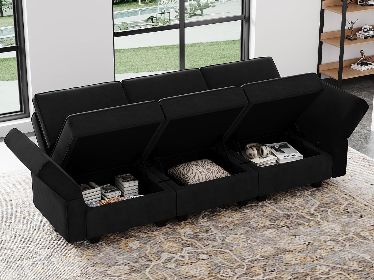 Belffin Modular Sofa Couch with Storage Seats Velvet 3 Seater Sofa for Living Room Black - Image 6