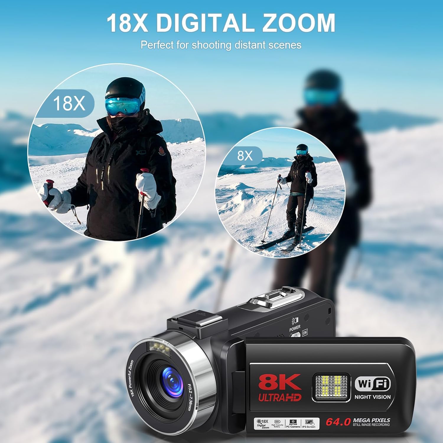 8K 64MP Camcorder Video Camera 18X Digital Zoom YouTube Vlogging Camera Webcam IR Night Vision WiFi 3.0”Touch Screen Camcorders with Microphone, 32G SD Card, Remote Control and 2 Batteries - Image 4