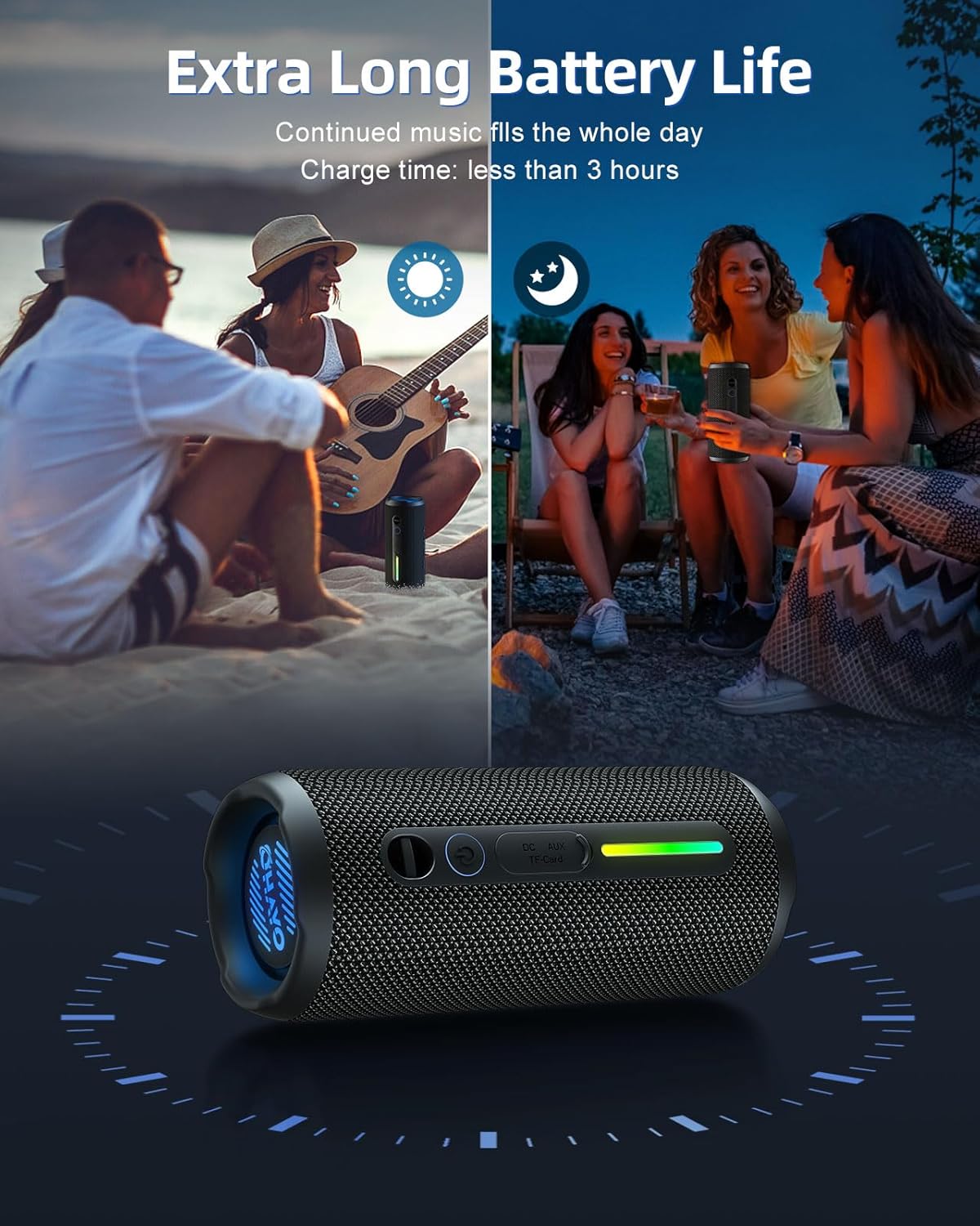 OHAYO Portable Bluetooth Speaker, Wireless Bass Speaker with 24W Loud Sound, IPX7 Waterproof, Bluetooth 5.3, RGB Lights, AUX&TF-Card, Stereo Pairing, Gift Ideas for Home/Outdoor/Party - Image 8