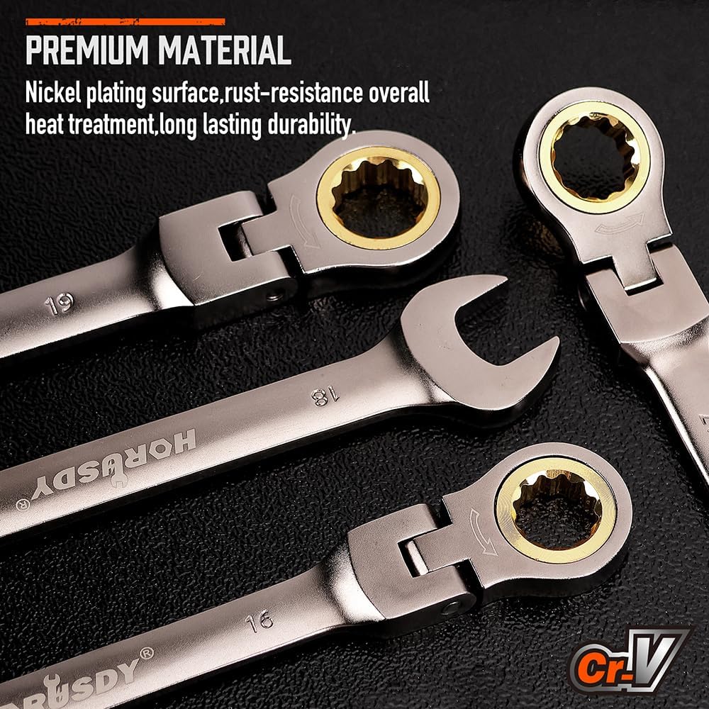 HORUSDY 12-Piece Metric Flex-Head Ratcheting Wrench Set with Organizer | 8-19 mm Ratchet Combination Wrenches Set | 72-Teeth | Chrome Vanadium Steel - Image 5