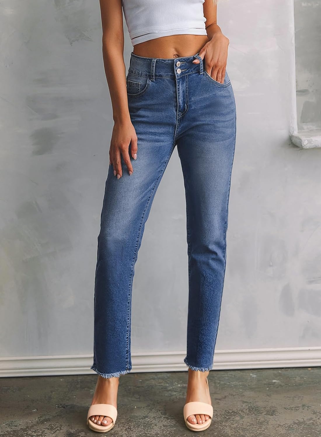 Sidefeel Women's High Waisted Jeans Strechy Spring Fashion Raw Hem Straight Leg Zimbaplatinum Ankle Denim Pants with Pockets - Image 6