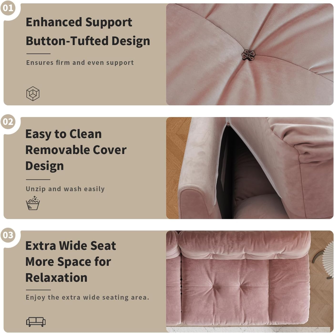 Cloud Modular Sectional Sofa,Scrub Velvet Minimalist Sofa Couch for Living Room, Curved Couch,Modern LoveSofa with 2 Pillows 3 Seater for Apartment Office Studio, Deep Seat Couches (Pink, 89inch) - Image 7