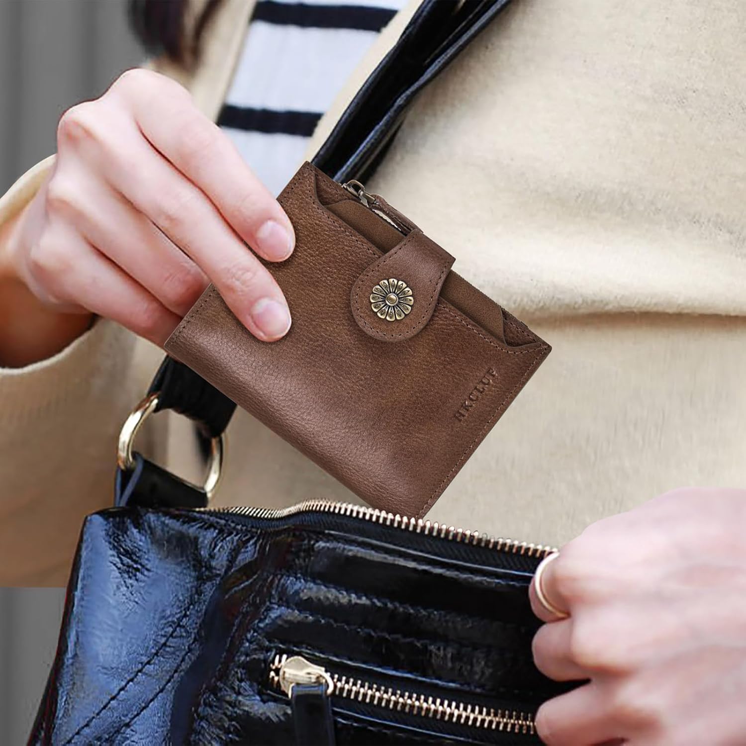 HKCLUF Wallet Women,Genuine Leather Bifold Womens Wallet Card Holder RFID Blocking Small Wallet for Women With Zipper Coin Pocket(khaki) - Image 9