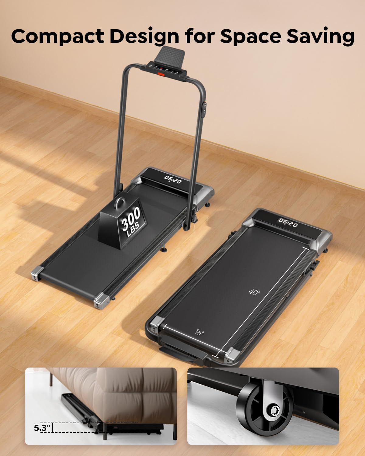 Walking Pad Treadmill with Incline, 2 in 1 Foldable Treadmills for Home Small Office, 300lbs Portable Compact Under Desk Treadmill with App, Remote Control and LED Display - Image 9