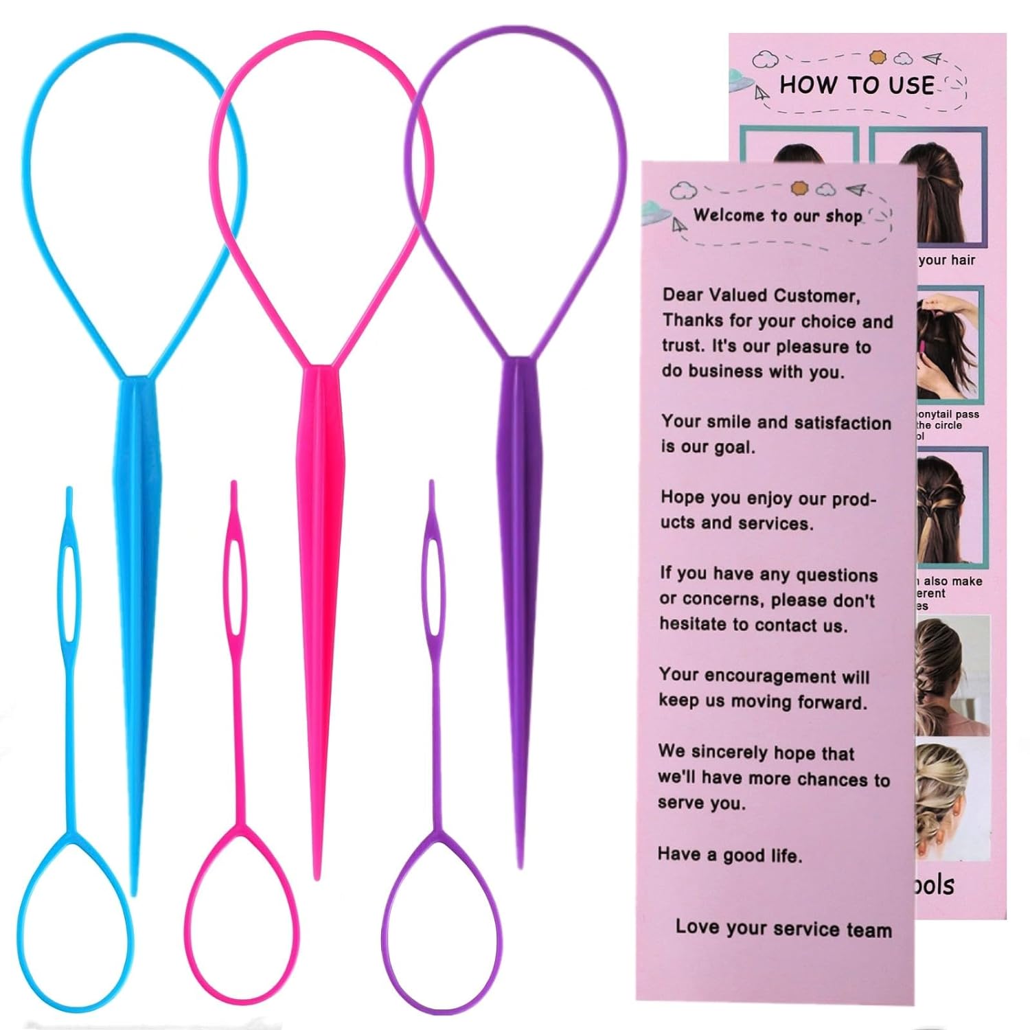 Aigee 6pcs Topsy Tail and Hair Loop Styling Tool Set - Ponytail Makers, French Braid Loops in Large and Small, Hair Pull Through Tools (Pink, Blue, Purple) for Women and Girls - Image 2