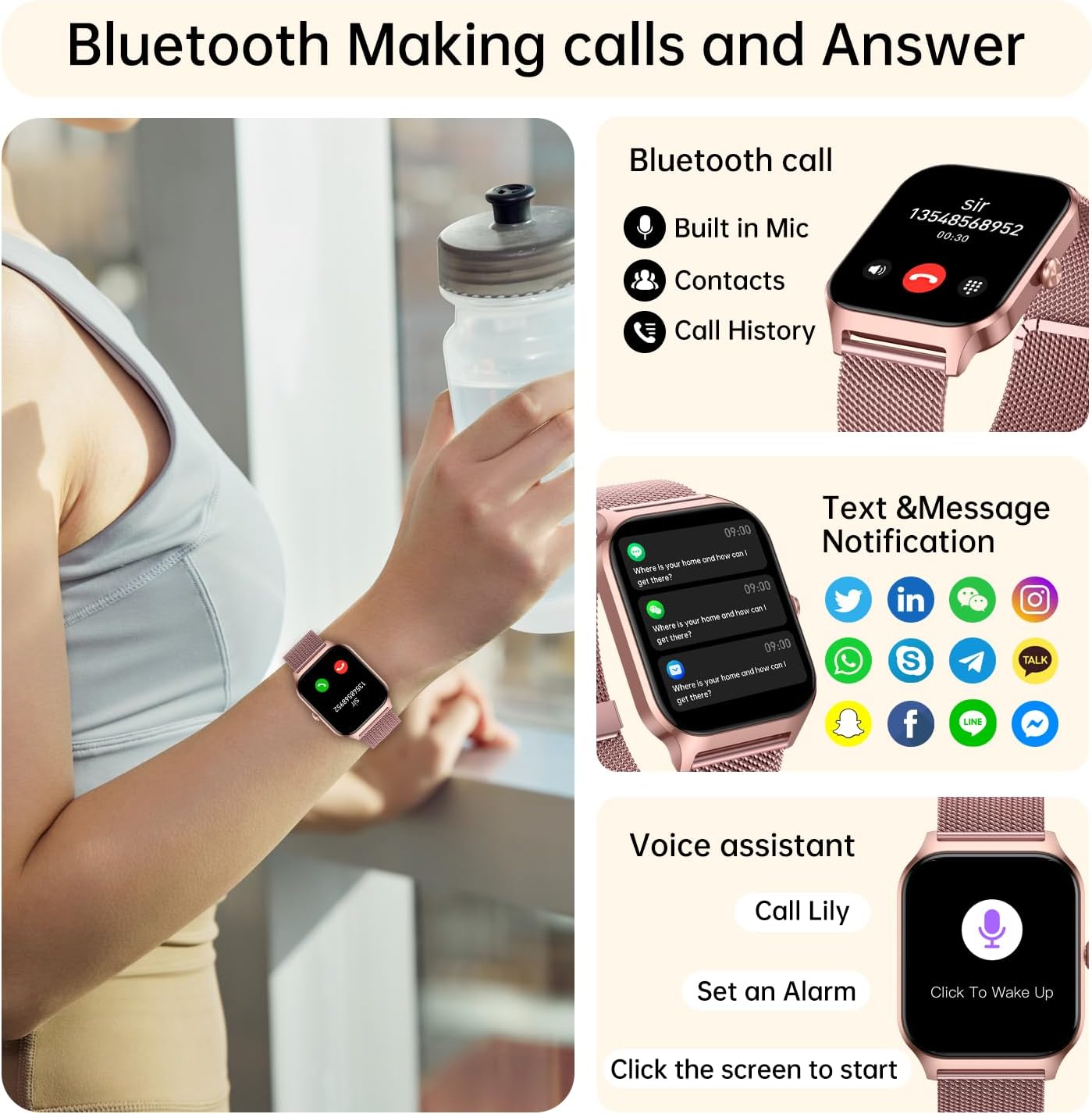 Smart Watch for Women Fitness Tracker: Rose Gold Make/Answer Call Smart Watches for Women Waterproof Digital Mens Watches Running Smartwatch Android Phone iPhone Samsung Compatible Heart Rate Monitor - Image 3