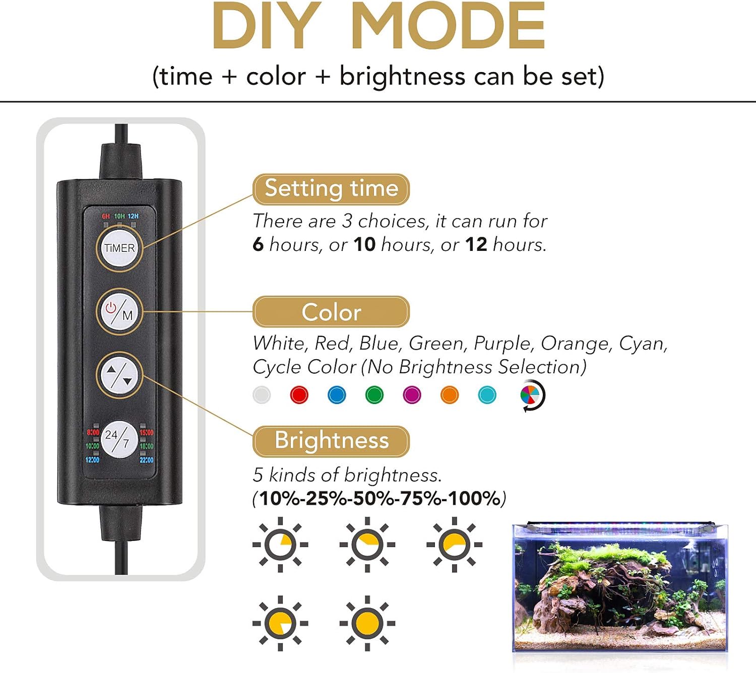 hygger 18W 24/7 Lighting Aquarium LED Light, Sunrise-Daylight-Moonlight Mode and DIY Mode, Adjustable Timer Adjustable Brightness Fish Tank Light with Extendable Bracket 7 Colors for Planted Tank - Image 5