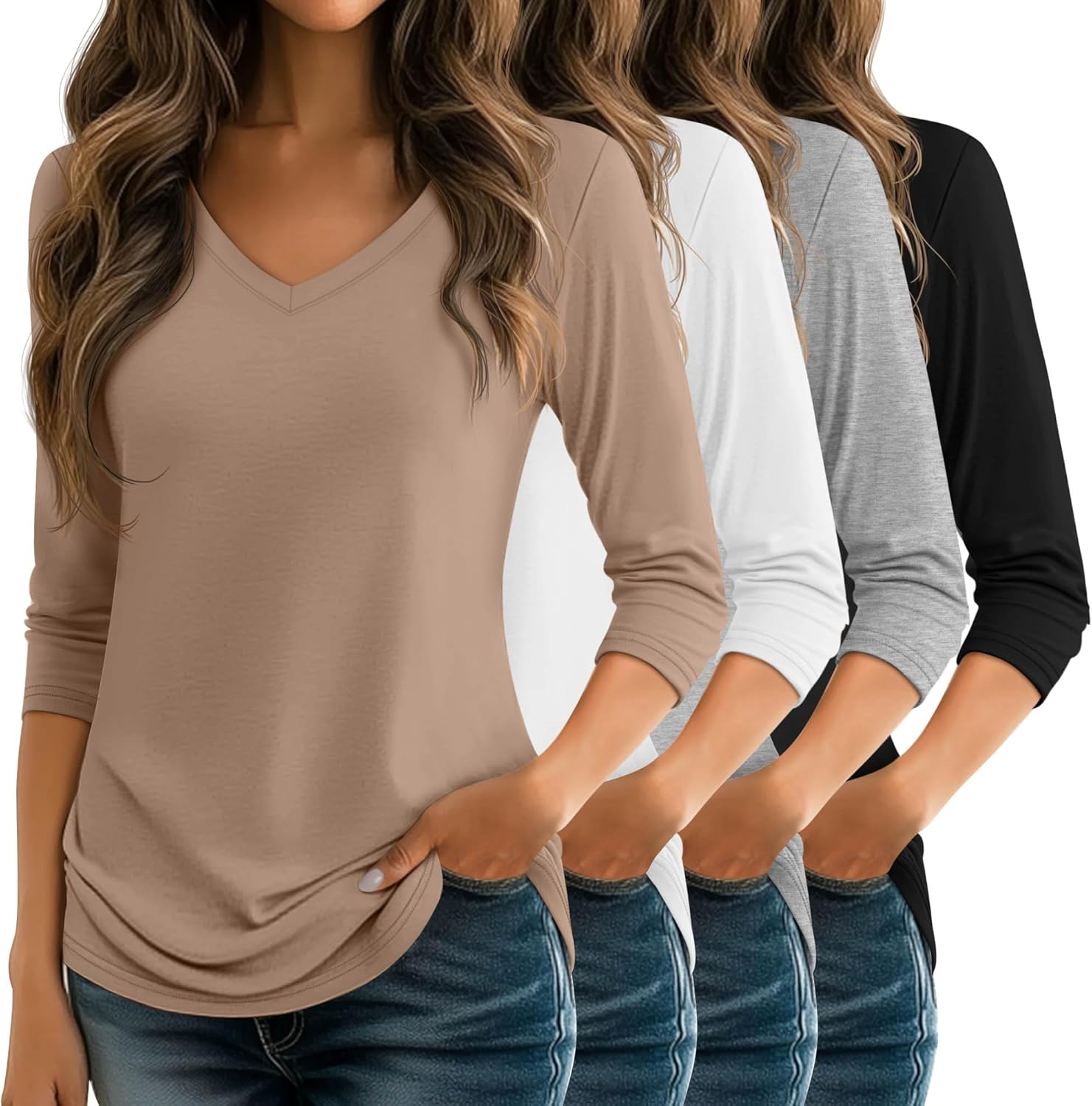 Ficerd 4 Pack Women's 3/4 Sleeve T Shirts, V Neck Casual Tunic Tops Loose Fit Cotton Shirts Solid Color Summer Tees - Image 3