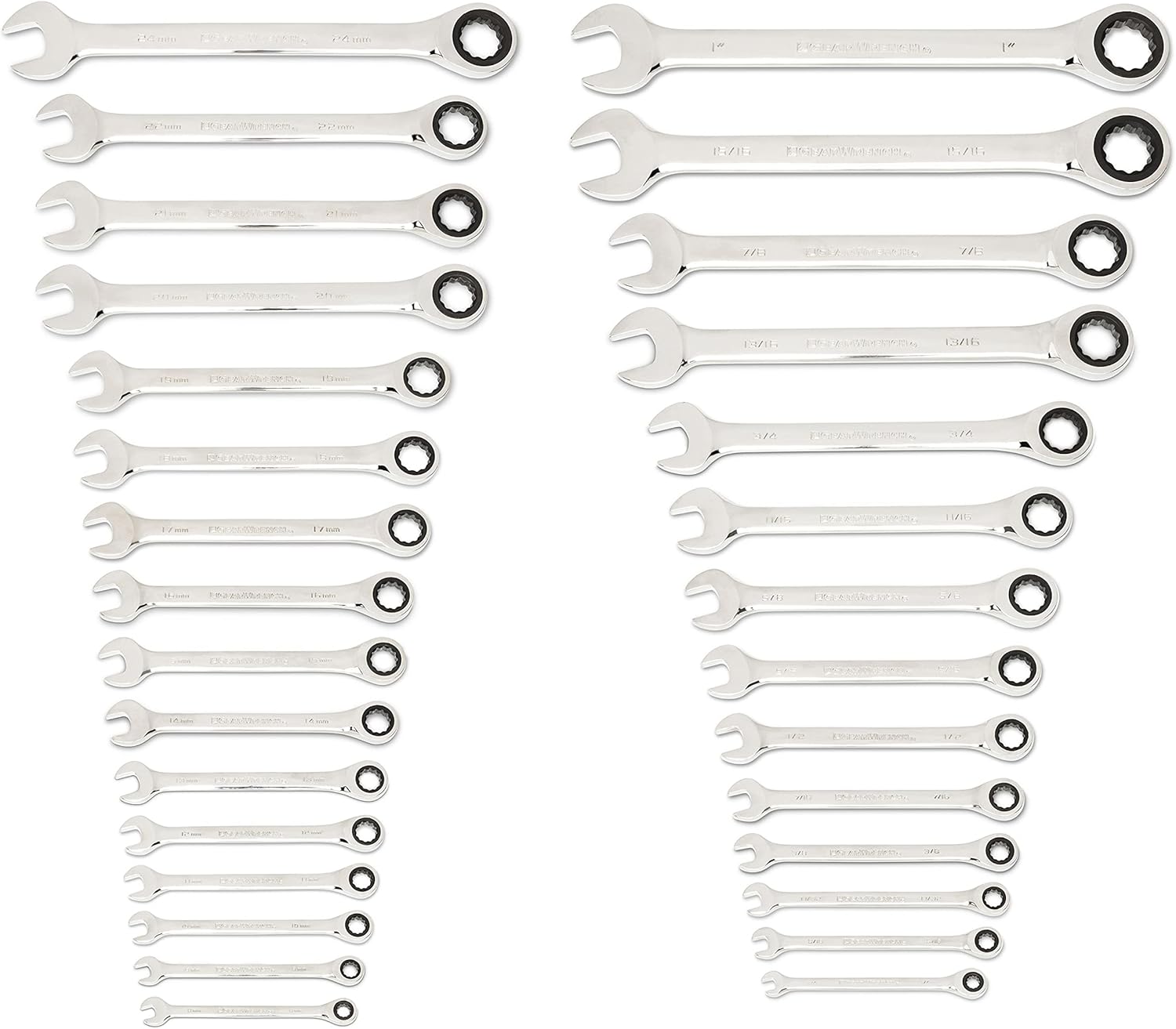 GEARWRENCH 30 Piece 12 Point Ratcheting Combination SAE/Metric (1/4-1 in., 8-24 mm) Wrench Set with Wrench Racks - 86702 - Image 3