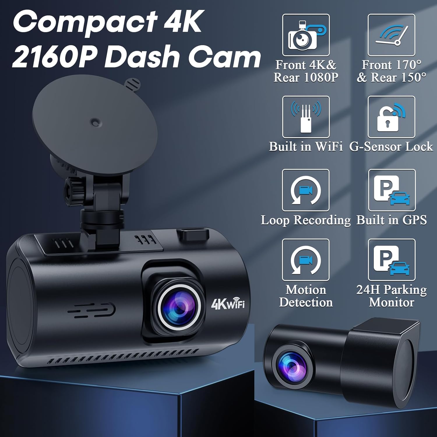 4K Dash Cam Front and Rear - with GPS and WiFi - Night Vision, 24H Parking Mode, Compact Design, Easy USB Setup, 170° Wide-Angle, Free 32GB SD Card, for Cars, SUVs, Trucks - Image 3