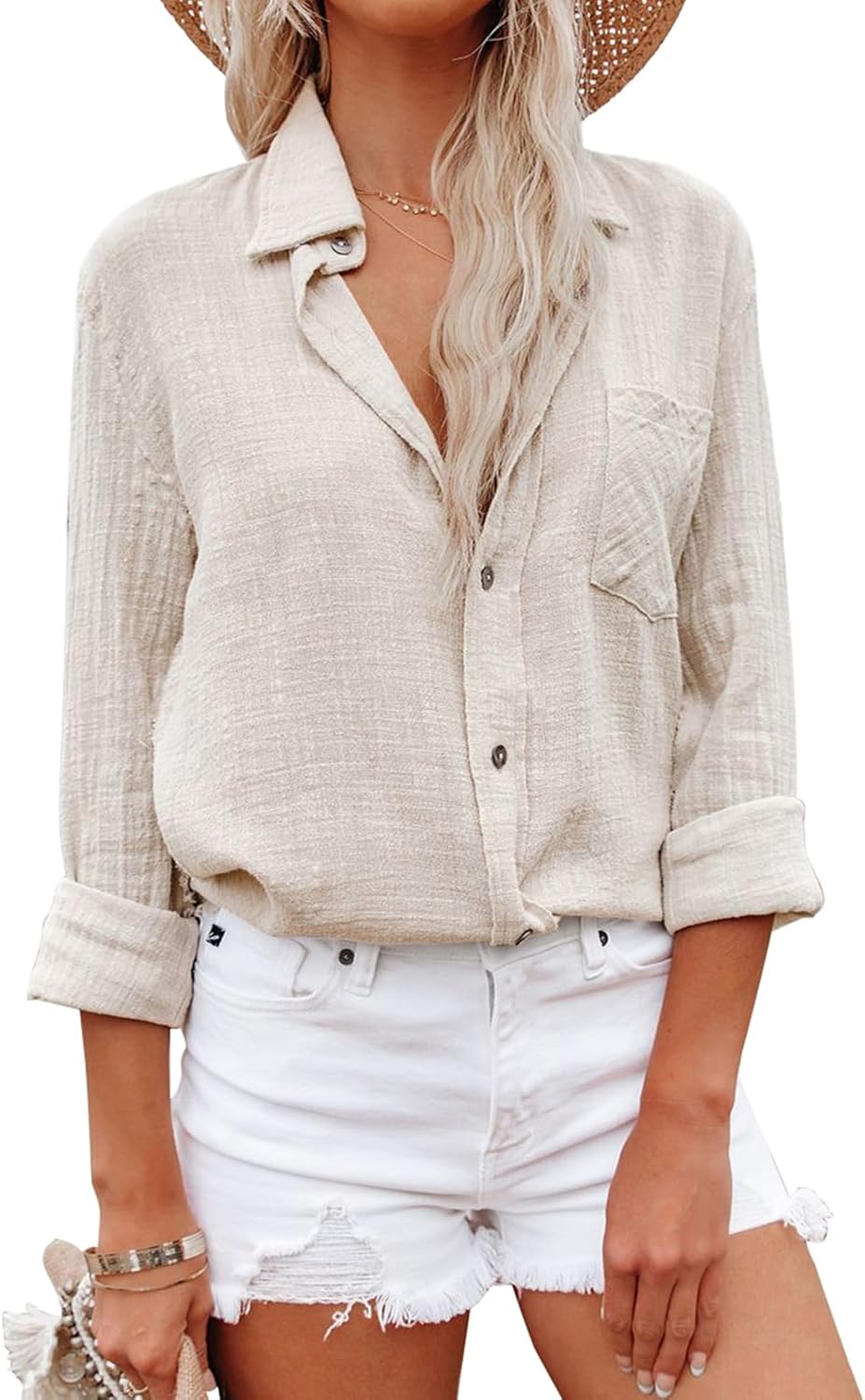 Womens Button Down Shirts Cotton Dress Shirt Long Sleeve Oversized Boyfriend Solid Tunic Tops with Pockets - Image 2