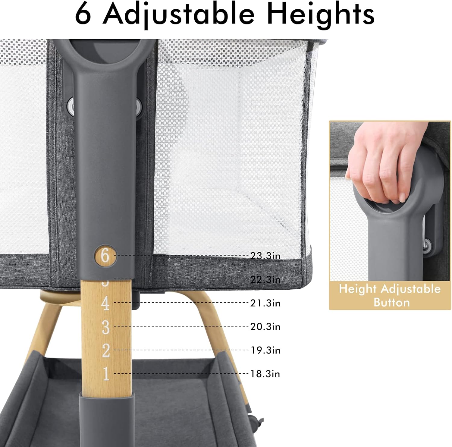 3 in 1 Baby Bassinet, Bedside Bassinet for Baby, Rocking Bassinet with Comfy Mattress and Wheels, 6 Height Adjustable Easy Folding Portable Bedside Crib for Newborn - Image 7