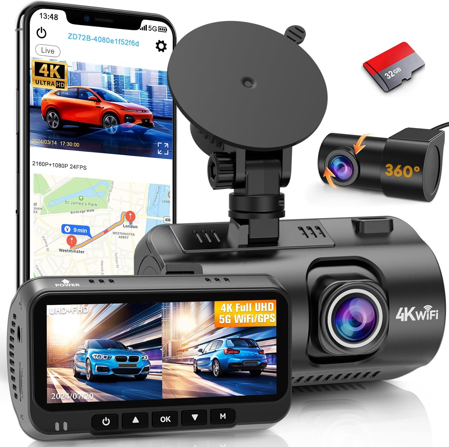 4K Dash Cam Front and Rear - with GPS and WiFi - Night Vision, 24H Parking Mode, Compact Design, Easy USB Setup, 170° Wide-Angle, Free 32GB SD Card, for Cars, SUVs, Trucks - Image 2