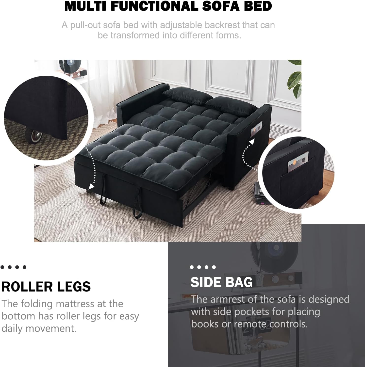 Sleeper Sofa Bed, 3-in-1 Velvet Pull Out Couch with Armrests, Storage Pockets and 2 Pillows, Adjustable Backrest, Sofa Bed Couch for Living Room, Bedroom(Black) - Image 7