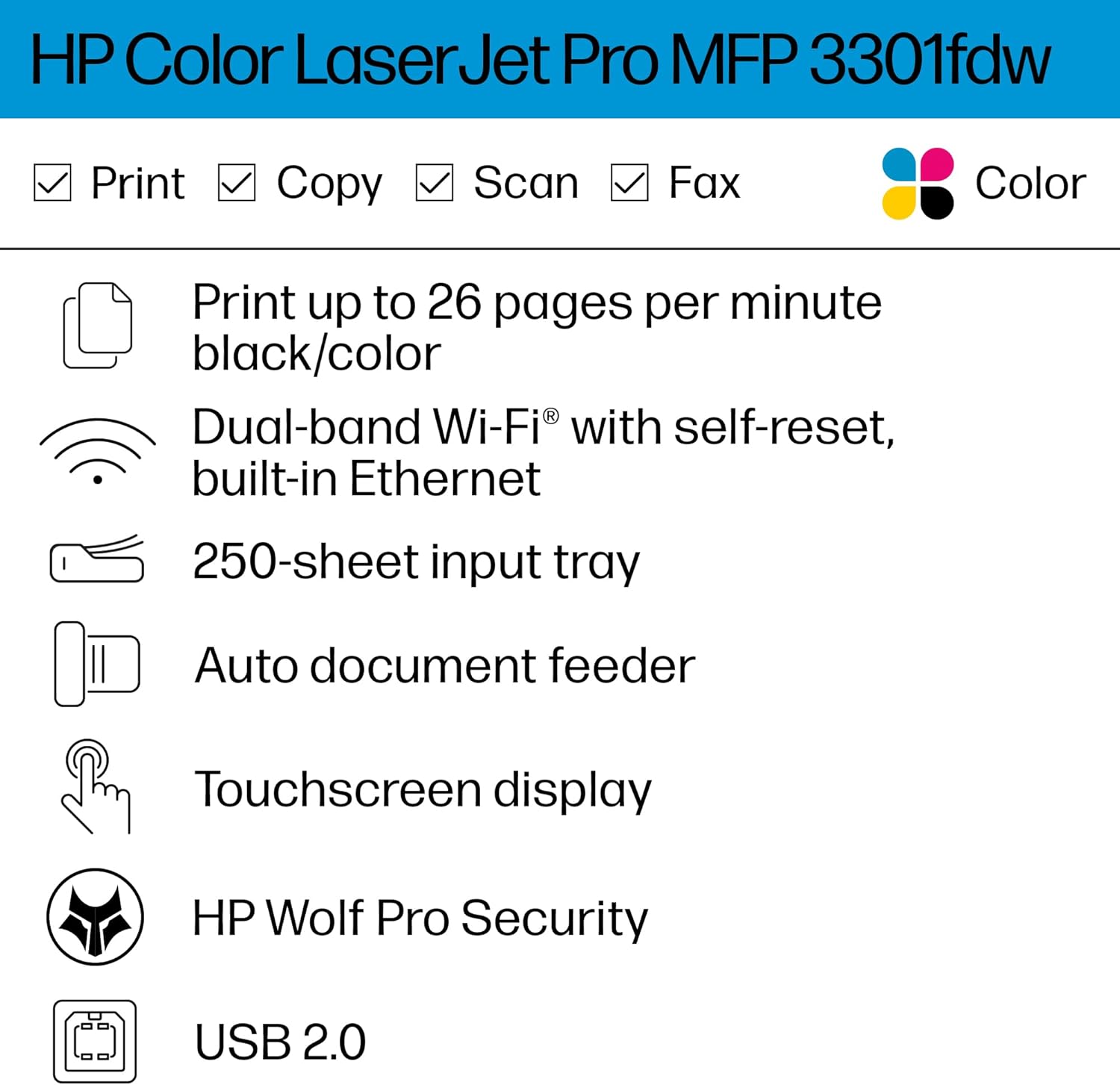 HP Color Laserjet Pro MFP 3301fdw Wireless All-in-One Color Laser Printer, Office Printer, Scanner, Copier, Fax, ADF, Duplex, Best-for-Office (499Q5F) - Image 3