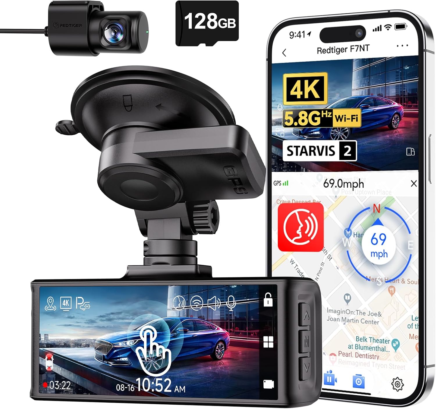 REDTIGER 4K Dash Cam Front and Rear, STARVIS 2 Sensor, Touch Screen 3.18", 128GB Card Included, Voice Control, 5.8GHz WiFi Car Dash Camera, GPS, Night Vision, Emergency Lock, Parking Mode (F7N Touch) - Image 2