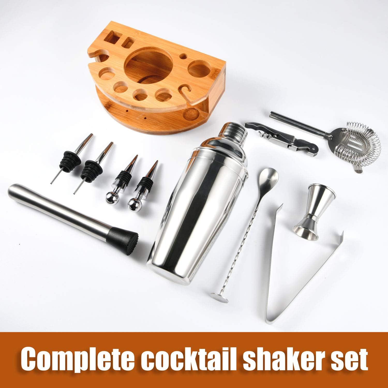 Bartender Kit with Stylish Bamboo Stand, 12 Piece 25oz Cocktail Shaker Set for Mixed Drink, Professional Stainless Steel Bar Tool Set, Gift for Man Dad- Cocktail Recipes Booklet (Silver) - Image 3
