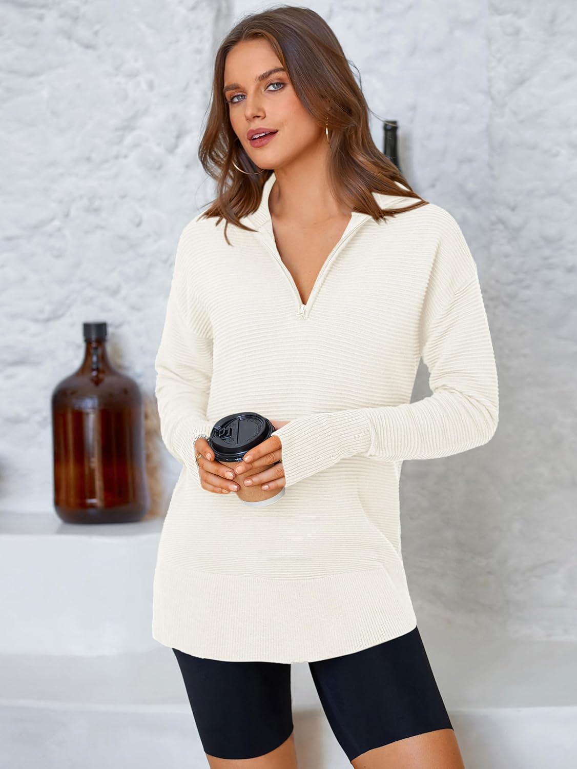 PRETTYGARDEN Womens Long Sleeve Quarter Zip Pullover Sweater Casual Loose V Neck Collared Ribbed Knit Jumper Tops Thumb Hole - Image 6